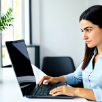 A professional Turkish woman in her early thirties, wearing a modest business casual top and trousers, fully clothed, appropriate attire. She is seated comfortably at a sleek, modern co-working desk, looking thoughtfully at a laptop screen which displays abstract graphics related to learning modules. Her natural pose conveys deep focus and empowerment. The background is a brightly lit, modern office space with blurred elements like ergonomic chairs and green plants, emphasizing a flexible learning environment. Perfect anatomy, correct proportions, well-formed hands, proper finger count, natural body proportions. Professional photography, high quality, safe for work, appropriate content, professional, family-friendly.