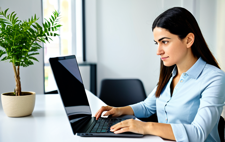 A professional Turkish woman in her early thirties, wearing a modest business casual top and trousers, fully clothed, appropriate attire. She is seated comfortably at a sleek, modern co-working desk, looking thoughtfully at a laptop screen which displays abstract graphics related to learning modules. Her natural pose conveys deep focus and empowerment. The background is a brightly lit, modern office space with blurred elements like ergonomic chairs and green plants, emphasizing a flexible learning environment. Perfect anatomy, correct proportions, well-formed hands, proper finger count, natural body proportions. Professional photography, high quality, safe for work, appropriate content, professional, family-friendly.